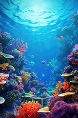 A colorful coral reef with a variety of fish swimming through it. The bright colors of the fish and coral create a lively and vibrant scene