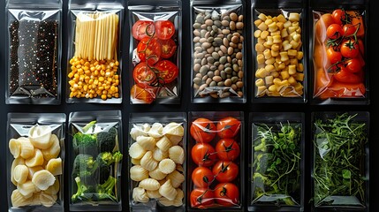 Various types of food packaging, including stand-up pouches, plastic containers, and vacuum-sealed bags. Each package is shown empty and with different closure methods.