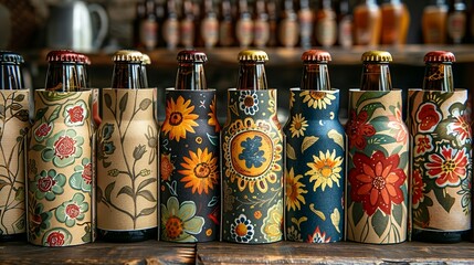 Various types of packaging for craft beer, including cardboard carriers and decorative bottles. The items are shown with vibrant, custom