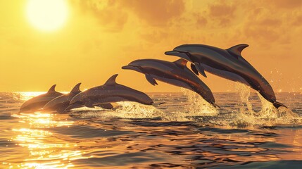 A pod of sleek dolphins gracefully leaping in perfect unison against the backdrop of a golden sunrise over the ocean horizon.