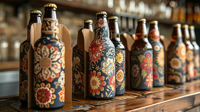 Various types of packaging for craft beer, including cardboard carriers and decorative bottles. The items are shown with vibrant, custom