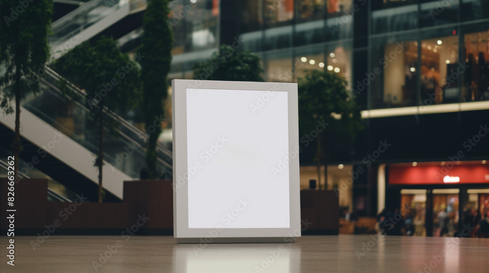 Poster a white box is sitting on a table in a mall. the box is empty and has no writing on it. the mall is 