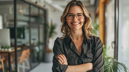 Confident businesswoman standing with arms crossed in modern office.