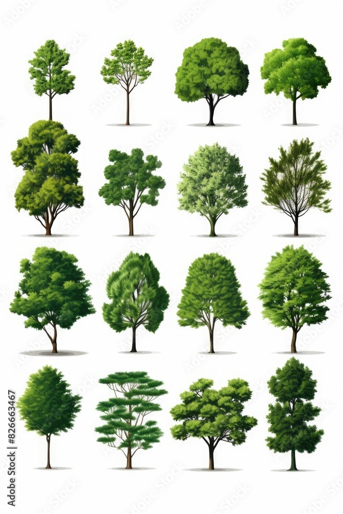 Poster a collection of trees in various sizes and shapes. the trees are all green and are spread out across