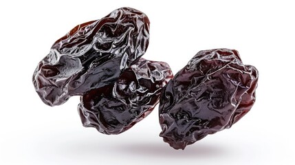 Three dried plums are shown in a white background. The plums are wrinkled and brown, and they appear to be dried fruit