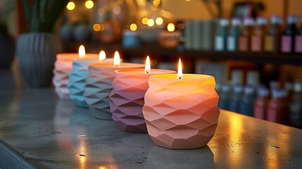 A collection of artisanal candles on a polished concrete table, with a retail background out of...