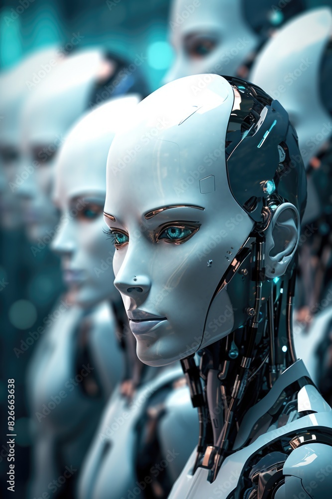 Aufkleber a group of robots with blue eyes and silver bodies. the robots are all lined up in a row, with one o