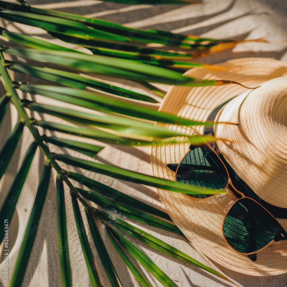 Poster a straw hat and sunglasses are on a table next to a leafy green palm tree. the hat and sunglasses ar