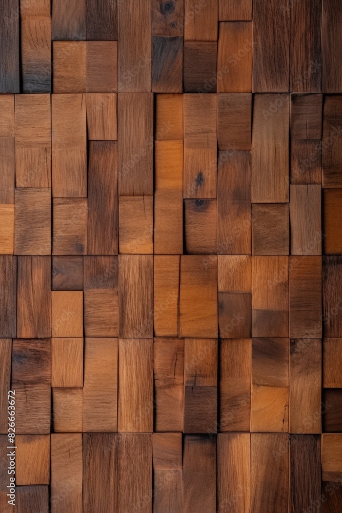 Aufkleber a wooden wall with brown blocks. the blocks are arranged in a way that creates a pattern. the wall h