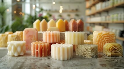 A collection of artisanal soaps on a concrete surface, with a retail environment behind softly out of focus, and surrounded by abstract, rounded polygonal patterns.