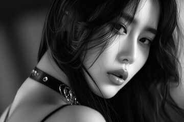 A woman with long black hair and a black necklace is staring at the camera. The image has a moody and mysterious feel to it, as the woman's gaze seems to be focused on something beyond the frame