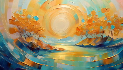 Semi Abstract Fairy Landscape with Sun, Dawn, River, Golden Autumn Trees, Warm Light. Oil Painting Brushstrokes.