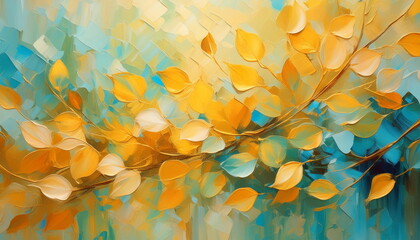 Semi Abstract Luxury Texture of Autumn Leaves Painted with Acrylic Oil Strokes of Yellow and Turquoise Colors.