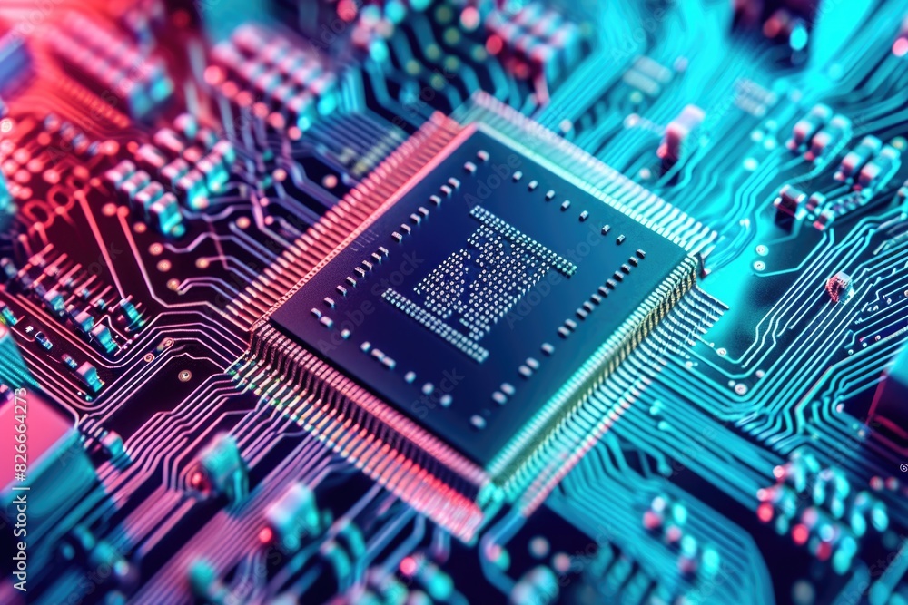 Aufkleber a computer chip is shown in a close up. the chip is blue and red and has a white label on it. the ch