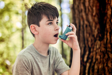 boy has an asthmatic agent in his hands in the park backgrounds. The boy in the white T-shirt with...