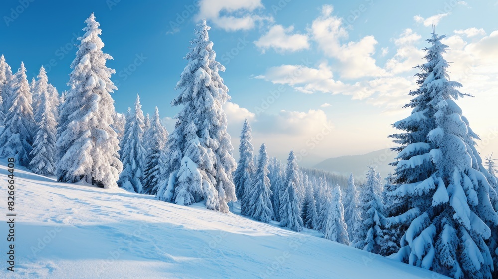 Poster a snowy landscape with a few trees in the background. the trees are covered in snow and the sky is c