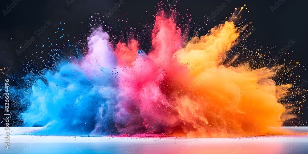 Poster vibrant and dynamic powder explosion creating a colorful cloud on white surface. concept powder expl