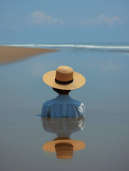 Junge Frau hat &Auml;ngste und ist deprimiert, ist bis zur H&auml;lfte im Wasser und m&ouml;chte sich ertr&auml;nken