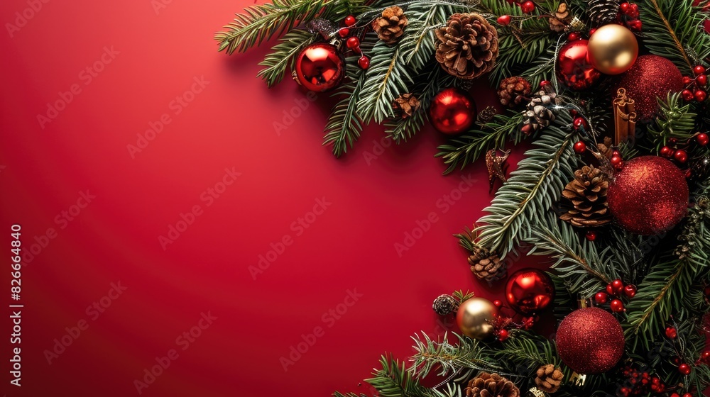 Sticker A red background with a Christmas tree on it. The tree is full of red and gold ornaments