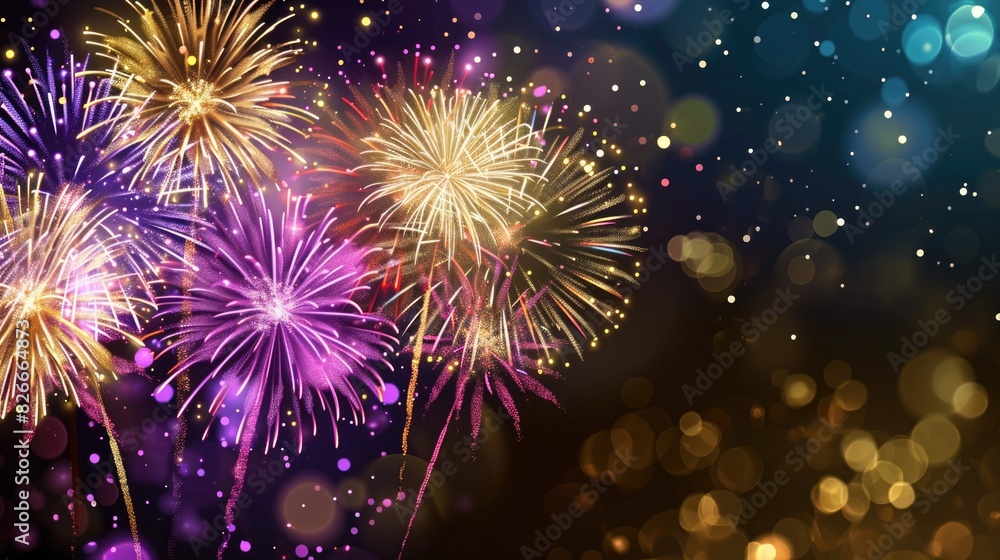 Poster a fireworks display with a dark background and bright colors