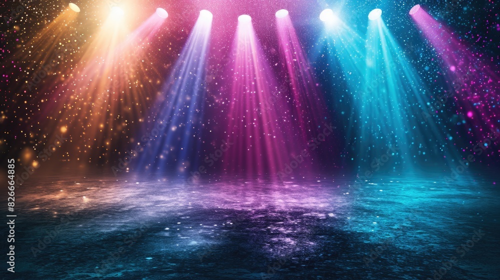 Poster a colorful stage with lights shining on it. the lights are in different colors and are shining brigh