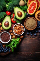 A variety of fruits and vegetables are displayed on a wooden cutting board. Concept of abundance and health, as it showcases a diverse selection of nutritious foods