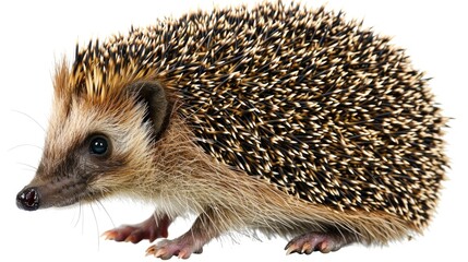 A brown and white hedgehog with black and brown spots. It has a black nose and is standing on its...