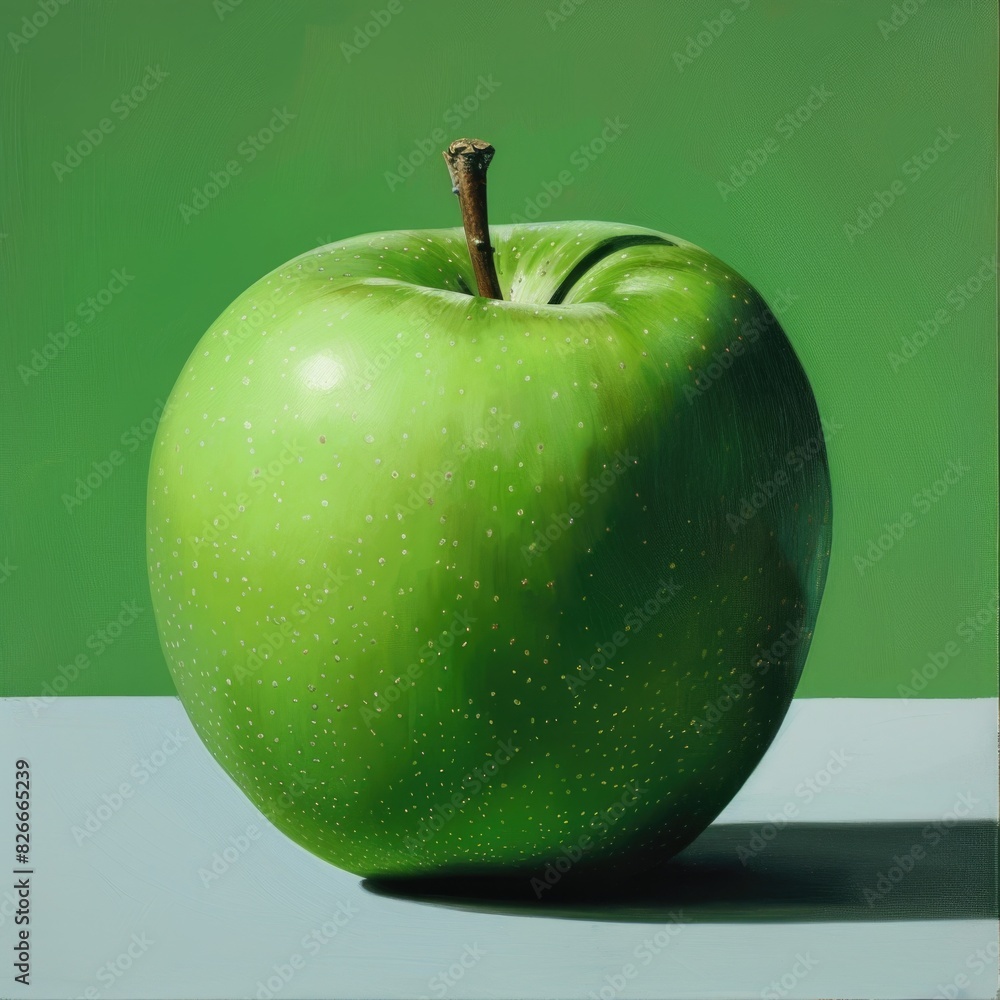 Poster a green apple is the main focus of the image. the apple is placed on a table, and it is the only obj