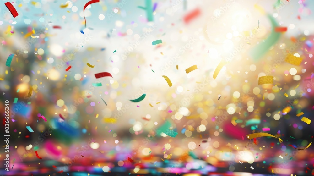 Poster a colorful explosion of confetti is falling from the sky. the confetti is in various colors and size