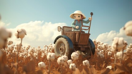 Obraz premium A photo of a 3D character driving a cotton picker