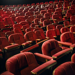 Obraz premium A Close up of multiple rows of red theatre seats at a cinema hall, front view with copy space 