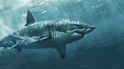 A sleek and powerful great white shark cruising effortlessly through the water, its dorsal fin slicing the surface with ominous grace.