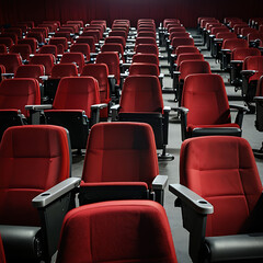 A Close up of multiple rows of red theatre seats at a cinema hall, front view with copy space
