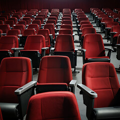 Fototapeta premium A Close up of multiple rows of red theatre seats at a cinema hall, front view with copy space 