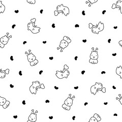 Kawaii happy capybara. Seamless pattern. Coloring Page. Cute cartoon funny animals character. Hand drawn style. Vector drawing. Design ornaments.