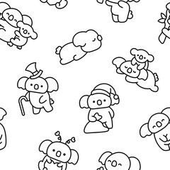 Cute kawaii koala bear. Seamless pattern. Coloring Page. Australian animals cartoon character. Hand drawn style. Vector drawing. Design ornaments.