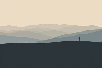 Fototapeta premium A person is standing on a hill overlooking a mountain range. The sky is cloudy and the mountains are in the background