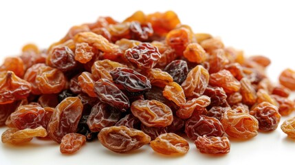 Obraz premium A pile of dried fruit, including raisins and cranberries, is spread out on a white surface