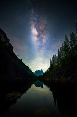 Milky way and star with silhouette mountain reflection at lake of Phang Nga, Thailand.