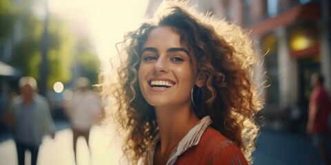 A woman with curly hair is smiling and standing on a sidewalk. She is wearing a red shirt and a gold hoop earring