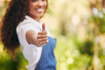 Portrait, nursery owner and woman with thumbs up, nature and feedback for service with support,...