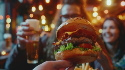 A person is holding a large burger and a glass of beer. The burger is topped with bacon and...