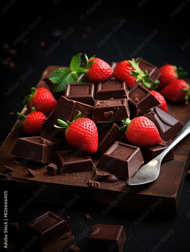 Aufkleber a wooden board with chocolate and strawberries on it. the chocolate is in the form of squares and th