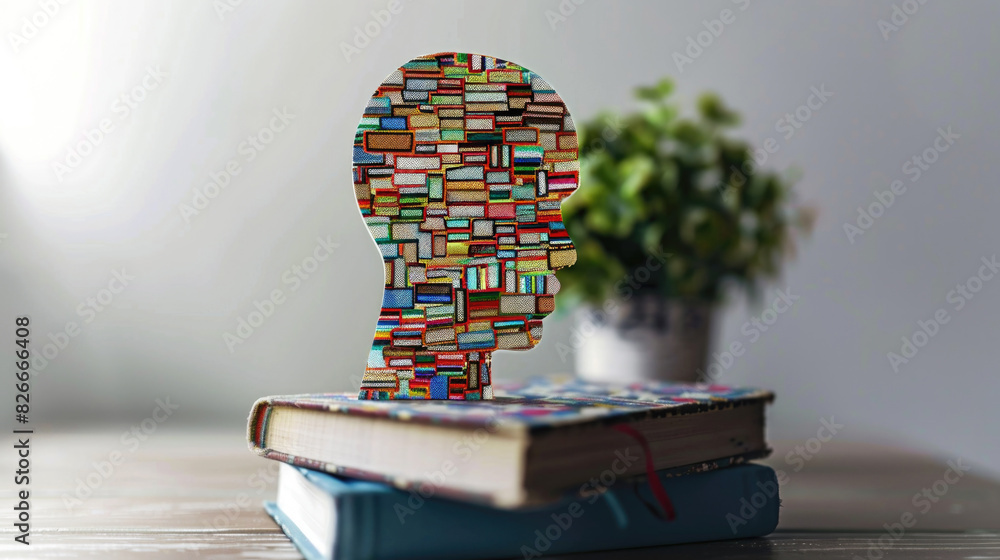 Poster a head made of many different colored squares is on top of a stack of books. the books are stacked o
