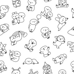 Cute kawaii baby sloth. Seamless pattern. Coloring Page. Cartoon funny animal character. Hand drawn style. Vector drawing. Design ornaments.