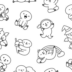 Cute kawaii baby sloth. Seamless pattern. Coloring Page. Cartoon funny animal character. Hand drawn style. Vector drawing. Design ornaments.