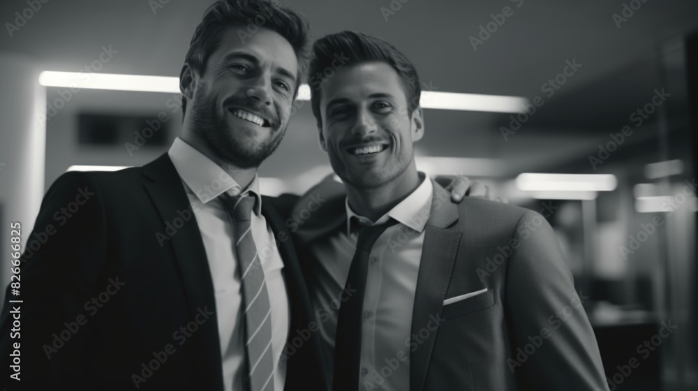 Poster two men in suits are smiling and hugging each other. concept of camaraderie and friendship between t