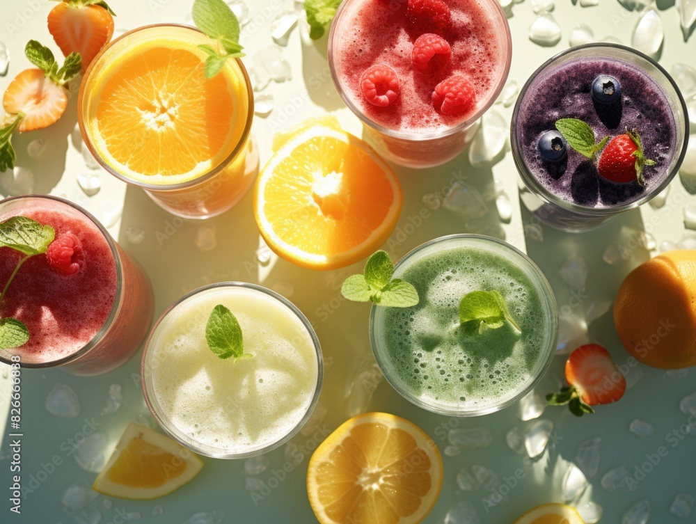 Poster a colorful assortment of fruit smoothies are displayed on a table. the smoothies are made with a var