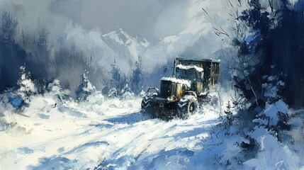 A truck is driving through a snowy field. The truck is covered in snow and he is stuck in the snow. The scene is peaceful and serene, with the snow-covered landscape creating a sense of calm