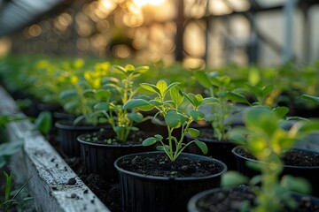 Young green plants in pots growing in a greenhouse, bathed in warm sunlight.